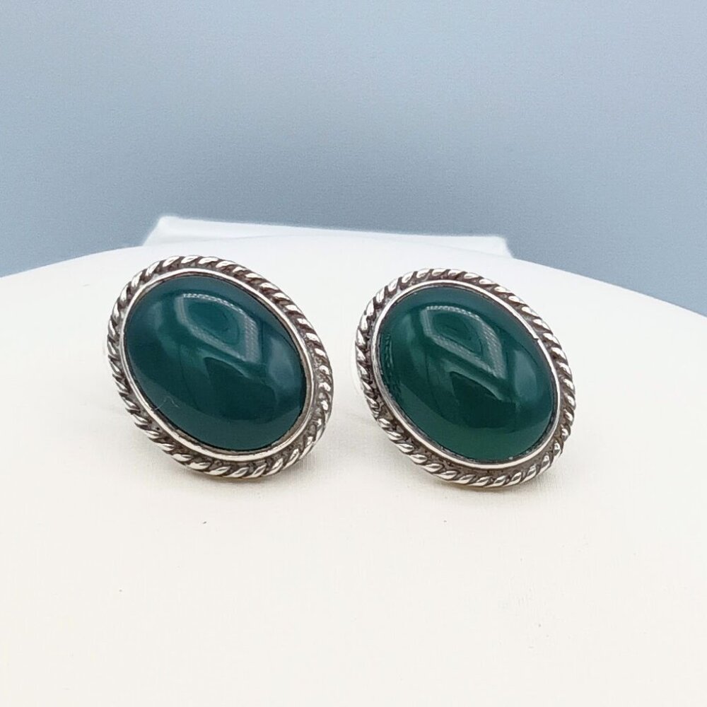 Vintage TAXCO 925 Sterling Silver Green Chalcedony Earrings